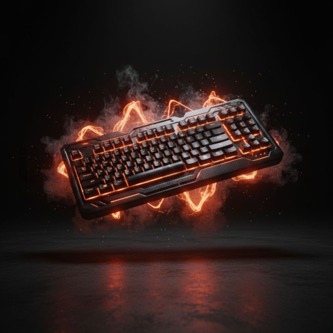 Floating Keyboard Dark Render Orange Fire Glow 2025 – 8K Minimal Black UI Mockup MKT GLS 0084