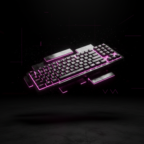 Floating Keyboard Dark Render Magenta Glow 2025 – 8K Minimal Black UI Mockup MKT GLS 1088