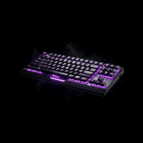 Floating Keyboard Dark Render Purple Glow 2025 – 8K Minimal Black UI Mockup MKT GLS 0183