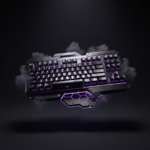 Floating Keyboard Dark Render Purple Glow 2025 – 8K Minimal Black UI Mockup MKT GLS 0212