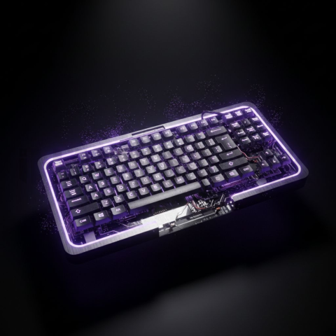 Floating Keyboard Dark Render Purple Glow 2025 – 8K Minimal Black UI Mockup MKT GLS 0236