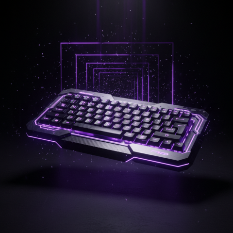 Floating Keyboard Dark Render Purple Glow 2025 – 8K Minimal Black UI Mockup MKT GLS 0213
