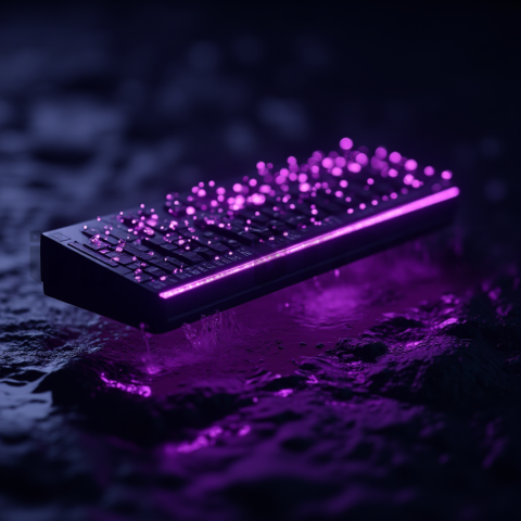 Floating Keyboard Dark Render Purple Glow 2025 – 8K Minimal Black UI Mockup MKT GLS 0283