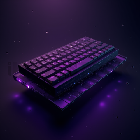 Floating Keyboard Dark Render Purple Glow 2025 – 8K Minimal Black UI Mockup MKT GLS 0699