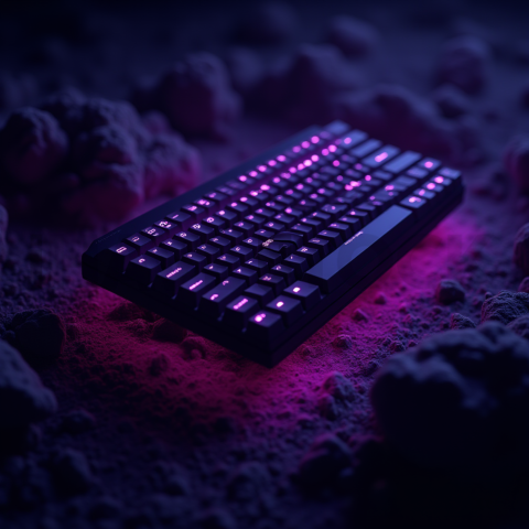 Floating Keyboard Dark Render Purple Glow 2025 – 8K Minimal Black UI Mockup MKT GLS 0733