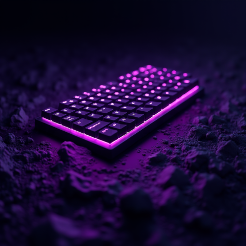 Floating Keyboard Dark Render Purple Glow 2025 – 8K Minimal Black UI Mockup MKT GLS 0700
