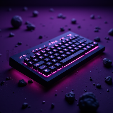 Floating Keyboard Dark Render Purple Glow 2025 – 8K Minimal Black UI Mockup MKT GLS 0734