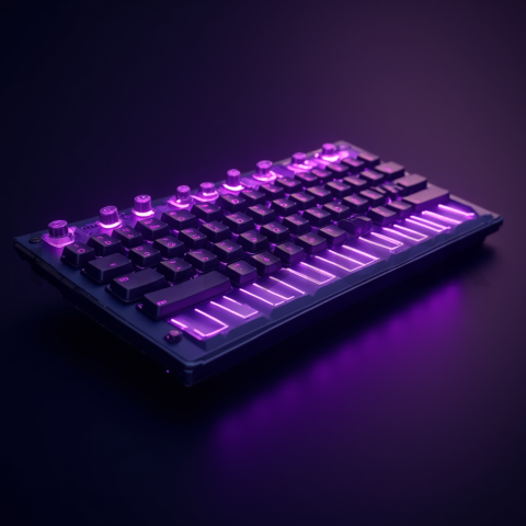 Floating Keyboard Dark Render Purple Glow 2025 – 8K Minimal Black UI Mockup MKT GLS 0779