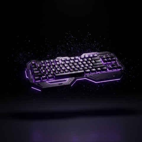 Floating Keyboard Dark Render Purple Glow 2025 – 8K Minimal Black UI Mockup MKT GLS 0887