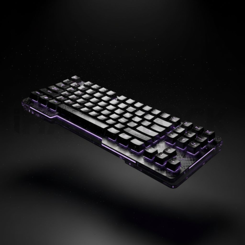 Floating Keyboard Dark Render Purple Glow 2025 – 8K Minimal Black UI Mockup MKT GLS 1009