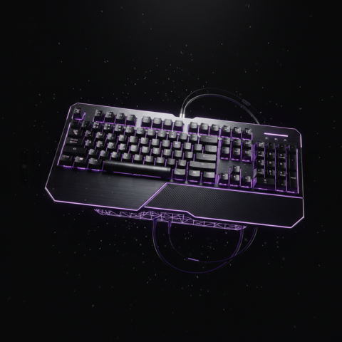Floating Keyboard Dark Render Purple Glow 2025 – 8K Minimal Black UI Mockup MKT GLS 1037