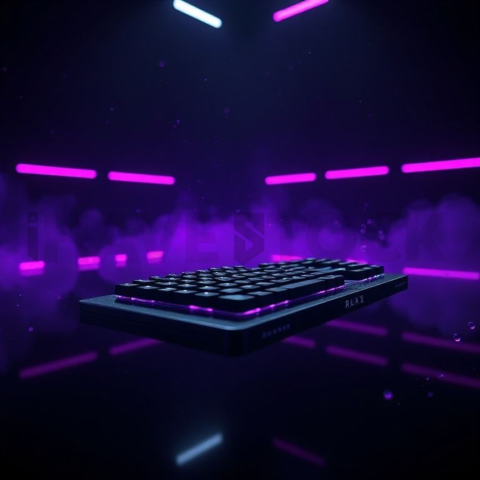 Floating Keyboard Dark Render Purple Glow 2025 – 8K Minimal Black UI Mockup MKT GLS 1294
