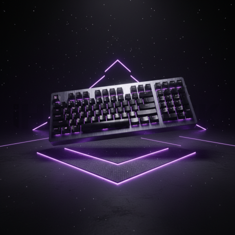 Floating Keyboard Dark Render Purple Glow 2025 – 8K Minimal Black UI Mockup MKT GLS 1322