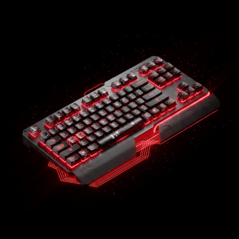 Floating Keyboard Dark Render Red Glow 2025 – 8K Minimal Black UI Mockup MKT GLS 0181