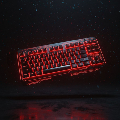 Floating Keyboard Dark Render Red Glow 2025 – 8K Minimal Black UI Mockup MKT GLS 1150