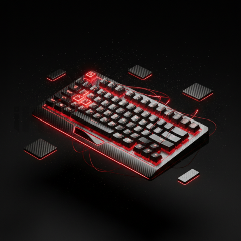 Floating Keyboard Dark Render Red Glow 2025 – 8K Minimal Black UI Mockup MKT GLS 0856