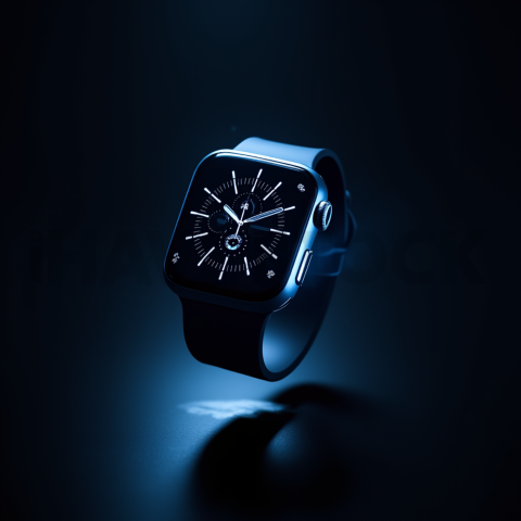 Floating Smartwatch Dark Mockup Blue Electric Glow 2025 – 8K Minimal Black UI Mockup MKT GLS 0266