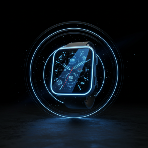 Floating Smartwatch Dark Mockup Blue Electric Glow 2025 – 8K Minimal Black UI Mockup MKT GLS 0871