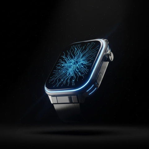 Floating Smartwatch Dark Mockup Blue Electric Glow 2025 – 8K Minimal Black UI Mockup MKT GLS 1022