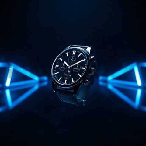 Floating Smartwatch Dark Mockup Blue Electric Glow 2025 – 8K Minimal Black UI Mockup MKT GLS 1189