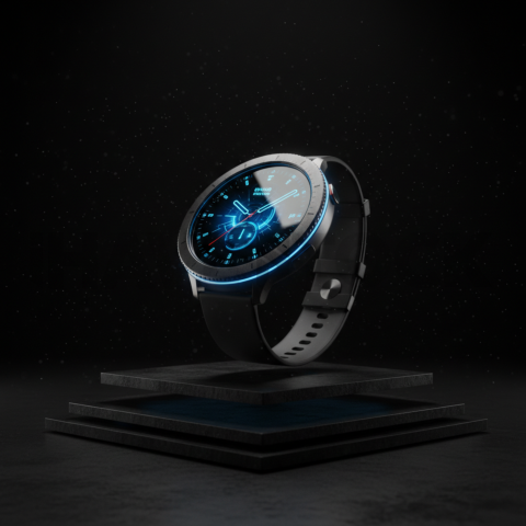 Floating Smartwatch Dark Mockup Blue Electric Glow 2025 – 8K Minimal Black UI Mockup MKT GLS 1307