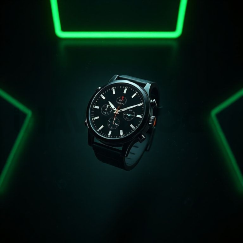 Floating Smartwatch Dark Mockup Green Neon Glow 2025 – 8K Minimal Black UI Mockup MKT GLS 1259