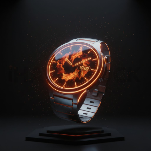 Floating Smartwatch Dark Mockup Orange Fire Glow 2025 – 8K Minimal Black UI Mockup MKT GLS 1117