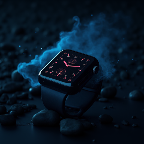 Floating Smartwatch Dark Mockup Blue Electric Glow 2025 – 8K Minimal Black UI Mockup MKT GLS 0762