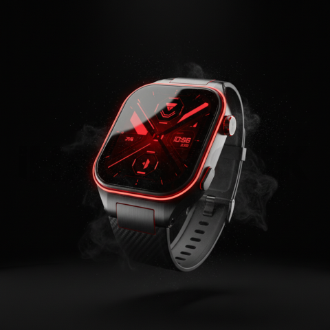 Floating Smartwatch Dark Mockup Red Glow 2025 – 8K Minimal Black UI Mockup MKT GLS 0197