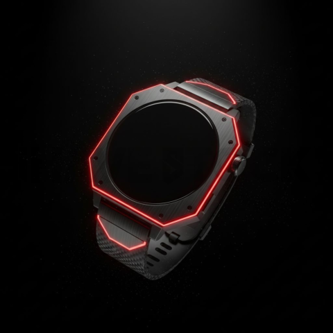 Floating Smartwatch Dark Mockup Red Glow 2025 – 8K Minimal Black UI Mockup MKT GLS 1023