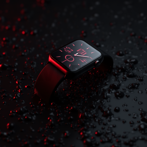 Floating Smartwatch Dark Mockup Red Glow 2025 – 8K Minimal Black UI Mockup MKT GLS 0763