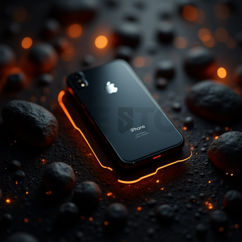 Iphone 16 Pro Max Dramatic Shadow Render Amber Glow 2025 – 8K Minimal Black UI Mockup MKT GLS 0259