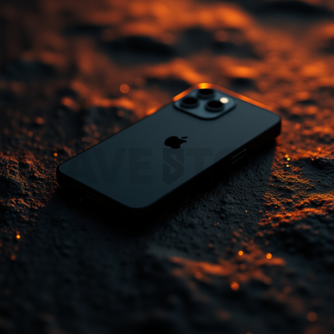 Iphone 16 Pro Max Dramatic Shadow Render Amber Glow 2025 – 8K Minimal Black UI Mockup MKT GLS 0755