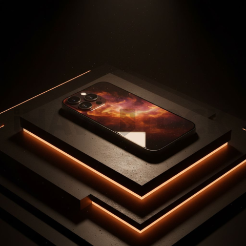 Iphone 16 Pro Max Dramatic Shadow Render Amber Glow 2025 – 8K Minimal Black UI Mockup MKT GLS 1015