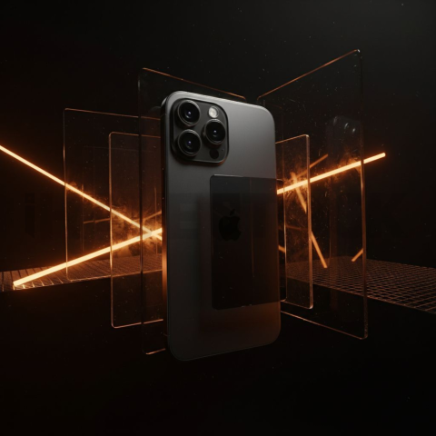 Iphone 16 Pro Max Dramatic Shadow Render Amber Glow 2025 – 8K Minimal Black UI Mockup MKT GLS 1109