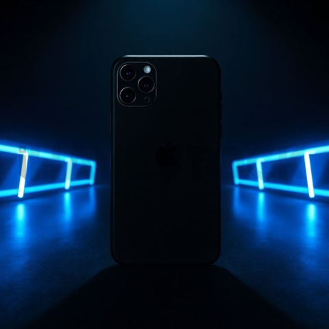 Iphone 16 Pro Max Dramatic Shadow Render Blue Electric Glow 2025 – 8K Minimal Black UI Mockup MKT GLS 1264