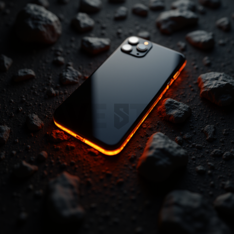 Iphone 16 Pro Max Dramatic Shadow Render Orange Fire Glow 2025 – 8K Minimal Black UI Mockup MKT GLS 0692