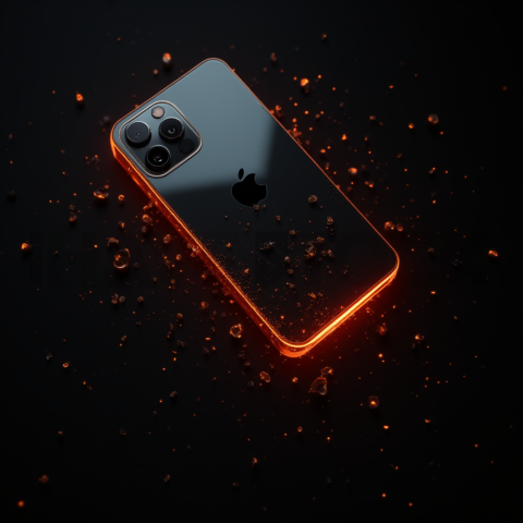 Iphone 16 Pro Max Dramatic Shadow Render Orange Fire Glow 2025 – 8K Minimal Black UI Mockup MKT GLS 0726