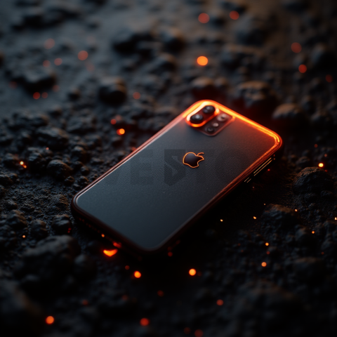 Iphone 16 Pro Max Dramatic Shadow Render Orange Fire Glow 2025 – 8K Minimal Black UI Mockup MKT GLS 0275