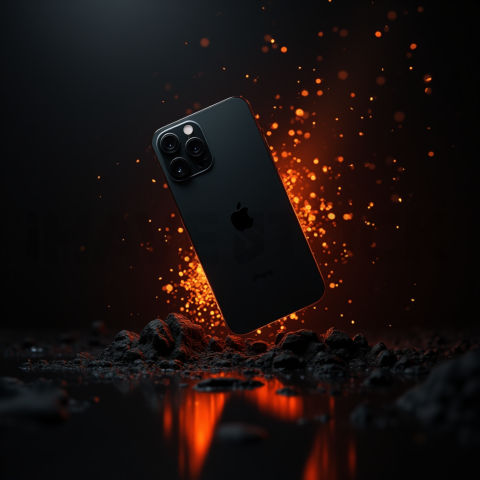 Iphone 16 Pro Max Dramatic Shadow Render Orange Fire Glow 2025 – 8K Minimal Black UI Mockup MKT GLS 0759