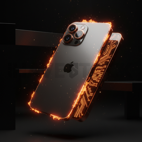 Iphone 16 Pro Max Dramatic Shadow Render Orange Fire Glow 2025 – 8K Minimal Black UI Mockup MKT GLS 0868