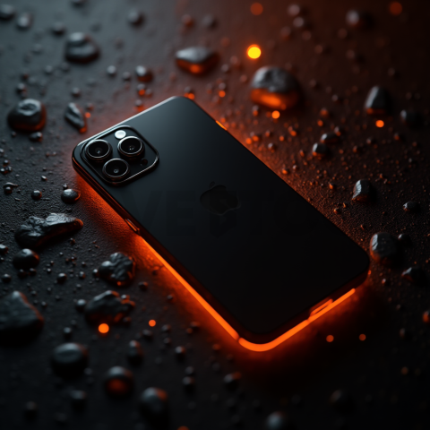 Iphone 16 Pro Max Dramatic Shadow Render Orange Fire Glow 2025 – 8K Minimal Black UI Mockup MKT GLS 0812