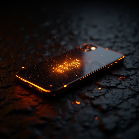 Iphone 16 Pro Max Dramatic Shadow Render Orange Fire Glow 2025 – 8K Minimal Black UI Mockup MKT GLS 0907