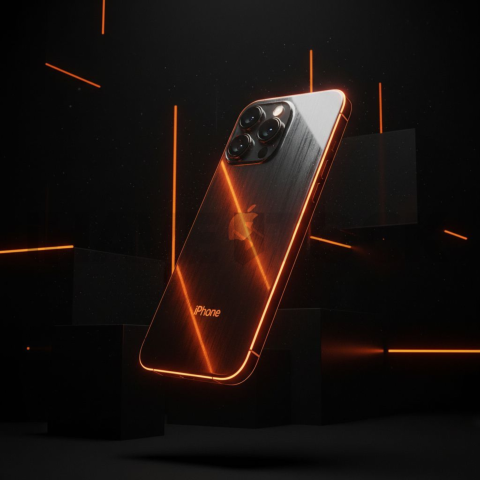 Iphone 16 Pro Max Dramatic Shadow Render Orange Fire Glow 2025 – 8K Minimal Black UI Mockup MKT GLS 1304