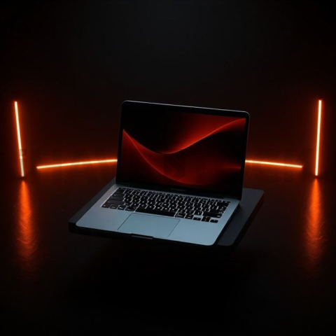 Macbook Pro 16 Floating Dark Mockup Amber Glow 2025 – 8K Minimal Black UI Mockup MKT GLS 1239