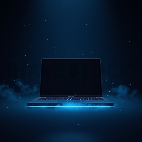 Macbook Pro 16 Floating Dark Mockup Blue Electric Glow 2025 – 8K Minimal Black UI Mockup MKT GLS 0309