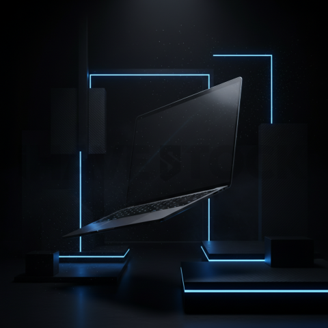 Macbook Pro 16 Floating Dark Mockup Blue Electric Glow 2025 – 8K Minimal Black UI Mockup MKT GLS 0855