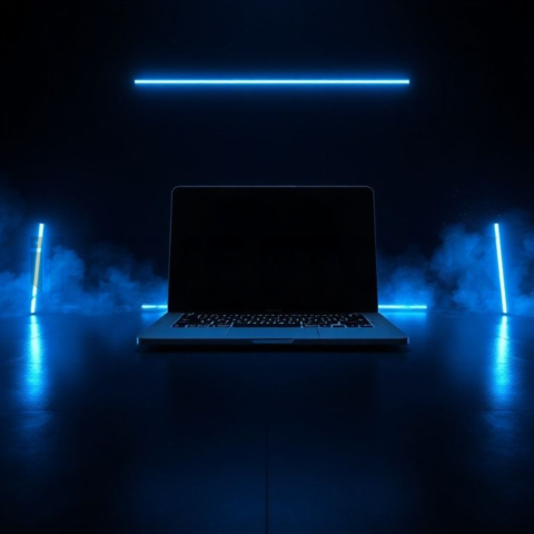 Macbook Pro 16 Floating Dark Mockup Blue Electric Glow 2025 – 8K Minimal Black UI Mockup MKT GLS 1291