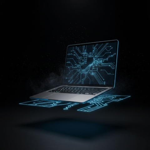 Macbook Pro 16 Floating Dark Mockup Blue Electric Glow 2025 – 8K Minimal Black UI Mockup MKT GLS 1006