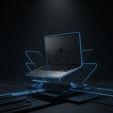 Macbook Pro 16 Floating Dark Mockup Blue Electric Glow 2025 – 8K Minimal Black UI Mockup MKT GLS 0180